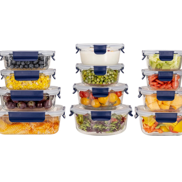 Glass Meal Prep Containers With Snap Lock Lids - 24pcs Set (Green-Blue-Black)