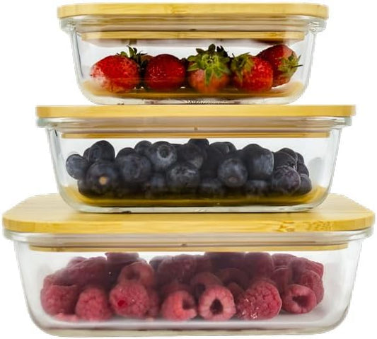 Houszy Glass Food Storage Containers [3 Pack] with Bamboo Lids (with 3 Stretchable Bands)