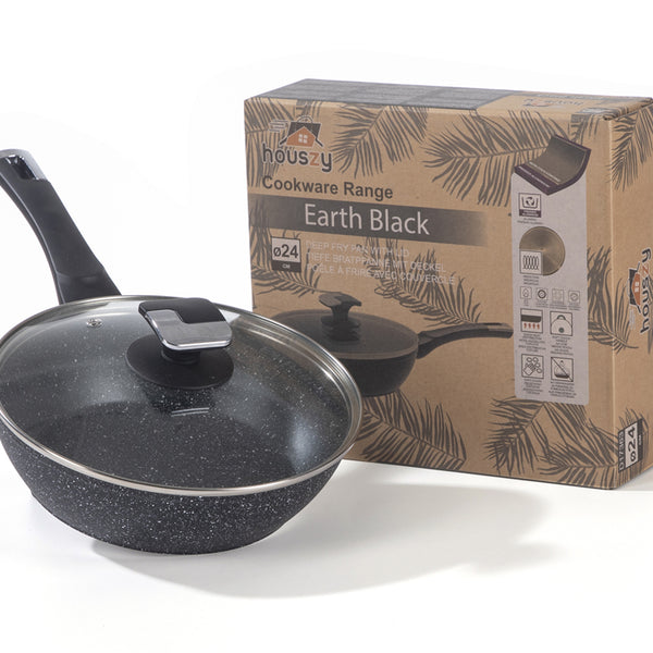 24cm Deep Frying Pan with Lid | Non-Stick Granite Coating, Induction Safe – Houszy