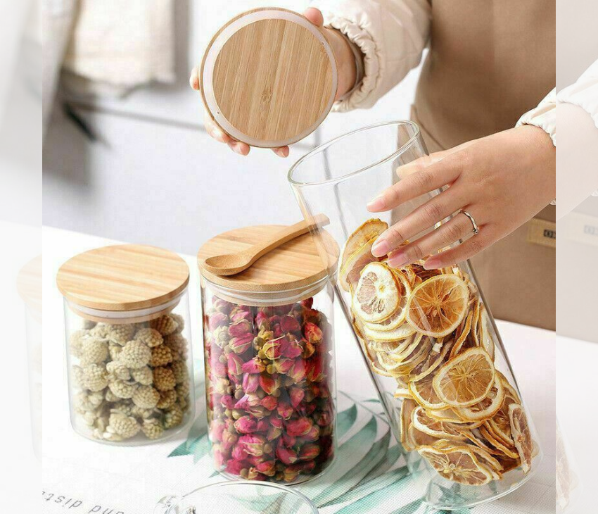 Glass Storage Jar with Airtight  Bamboo Lids,  Ideal for Candy, Spice, Coffee Beans