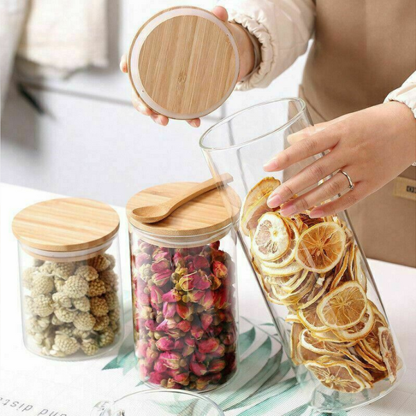 Glass Storage Jar with Airtight  Bamboo Lids,  Ideal for Candy, Spice, Coffee Beans