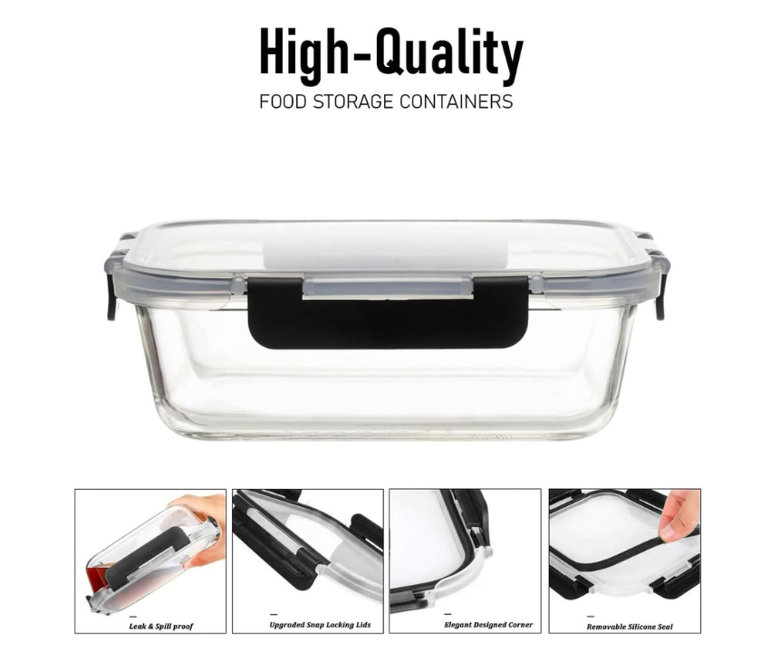 Rectangle Glass Meal Prep Containers With Snap Lock Lids - Set Of 10
