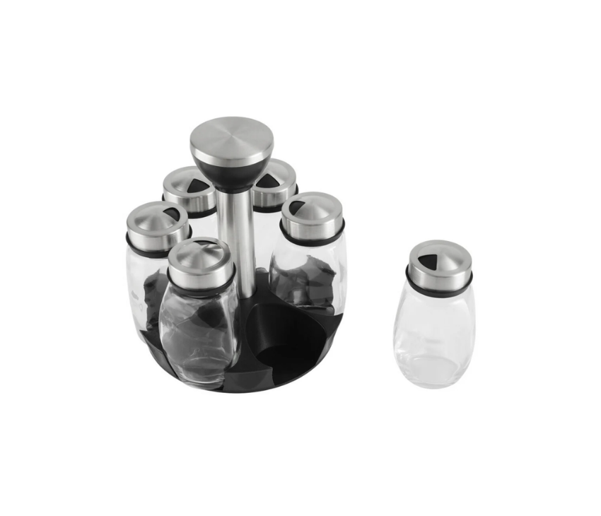 Glass Spice Shakers With Airtight Stainless Steel Lids & Rotating Spice Rack