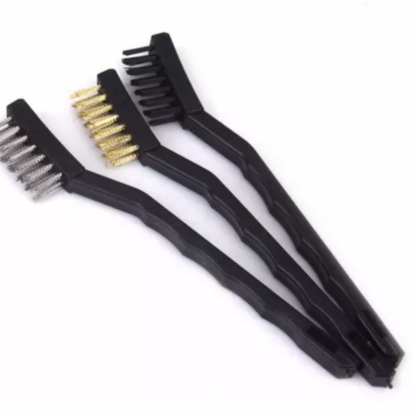 Mini Wire Brush Set Steel Brass Nylon Cleaning Polishing 3pc Black