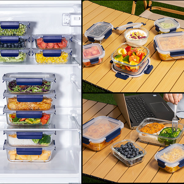 Glass Meal Prep Containers With Snap Lock Lids - Set Of 10 (Blue) - Houszy