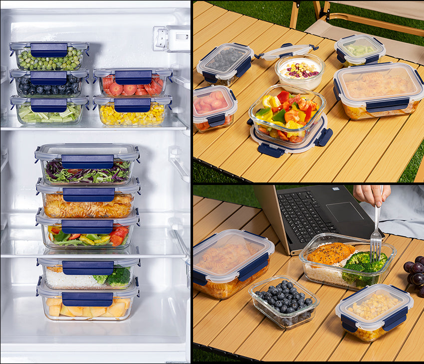 Glass Meal Prep Containers With Snap Lock Lids - Set Of 10 (Blue) - Houszy