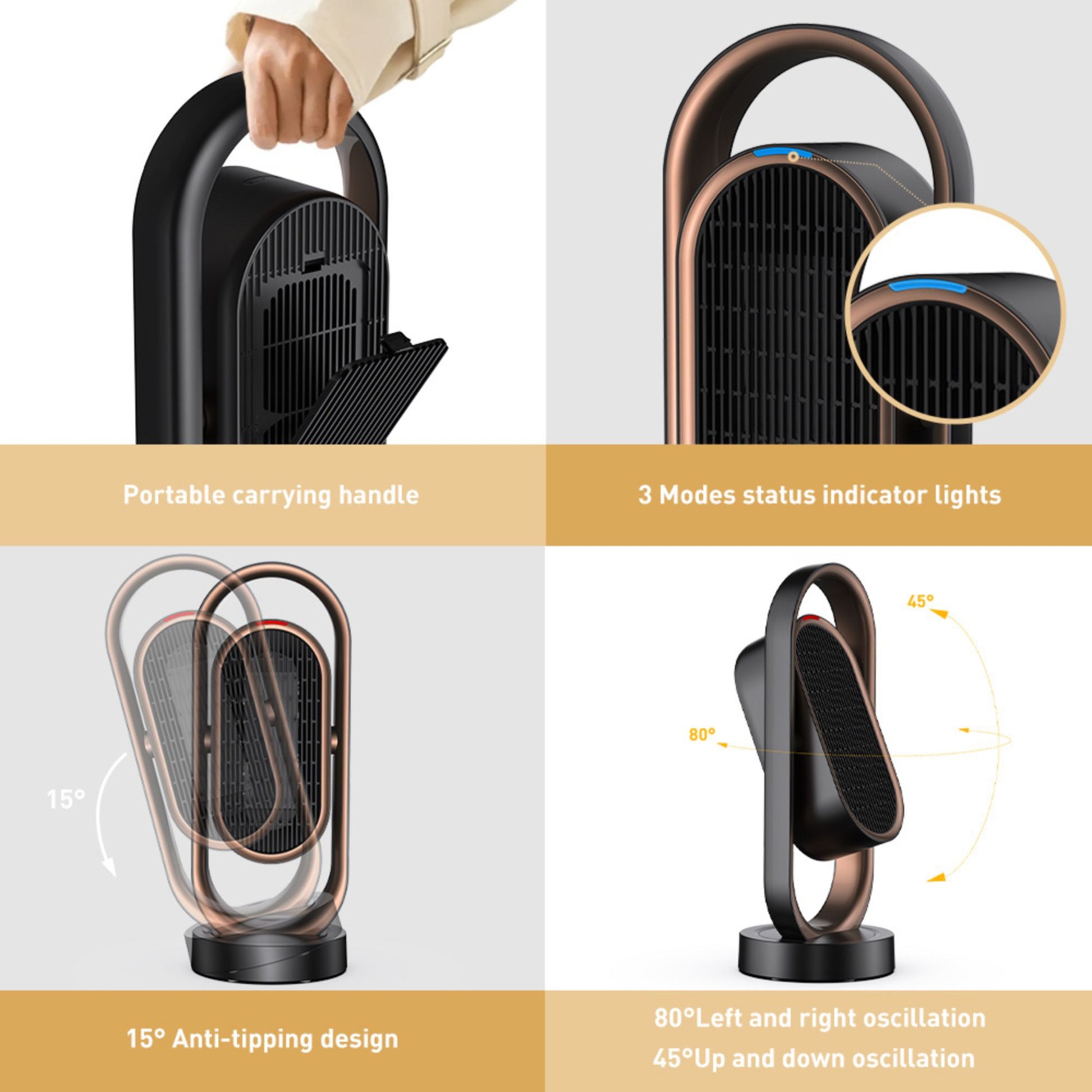 Houszy Electric Heater 1800W with Remote, PTC Ceramic Fan Heater for Home, LED, Timer, Oscillating Vertical/Horizontal, Thermostat, Eco Mode, Quiet Indoor Fan Heater, Tip‑Over & Overheat Protection