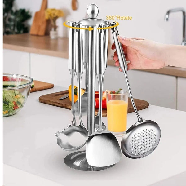 Stainless Steel Kitchen Utensils With Stand-Set Of 7