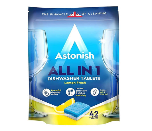 Astonish All In 1 Dishwasher Tablets 42 Tabs Fresh Lemon Zesty Scent Powerful Clean Sparkling Glassware and Dishes Included Salt Rinse Aid