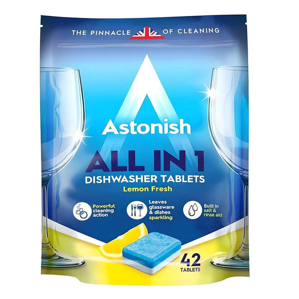 Astonish All In 1 Dishwasher Tablets 42 Tabs Fresh Lemon Zesty Scent Powerful Clean Sparkling Glassware and Dishes Included Salt Rinse Aid