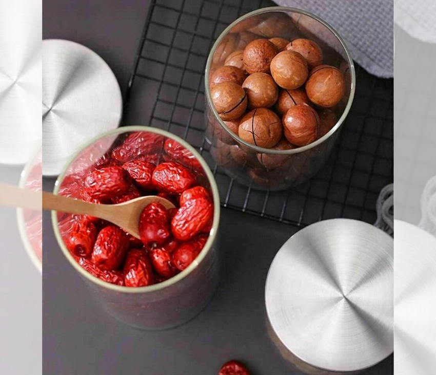 Glass Storage Jar with Stainless Steel Lid, Airtight  Storage Jar for Candy, Spice, Coffee Beans