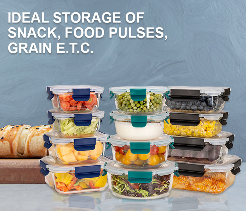 Glass Meal Prep Containers With Snap Lock Lids - 24pcs Set (Green-Blue-Black)