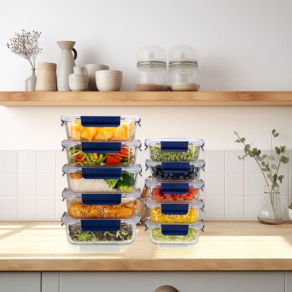 Glass Meal Prep Containers With Snap Lock Lids - Set Of 10 (Blue) - Houszy