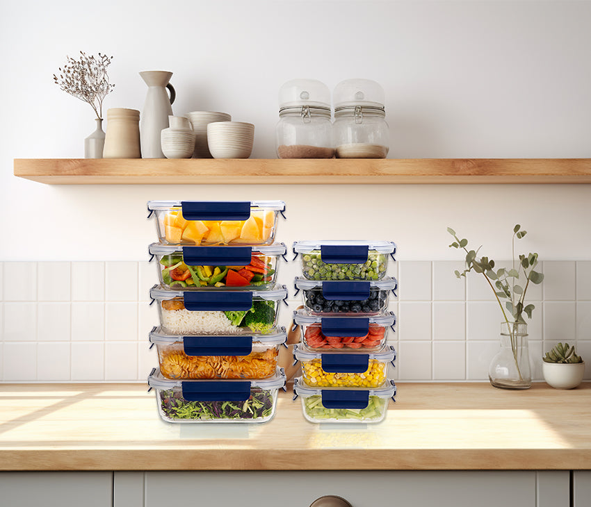 Glass Meal Prep Containers With Snap Lock Lids - Set Of 10 (Blue) - Houszy