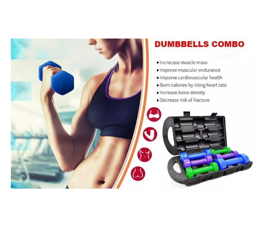 Houszy 10 Kgs Multi-Colour Vinyl Coated Dumbbell Set With Molded Carry Case (Anti-roll Design)