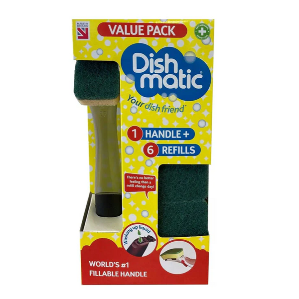 Dishmatic Washing Up Sponge Liquid Dispenser Handle & 6 Refills Value Pack Kit