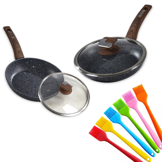 Houszy Non-stick Frying Pan Set With Brushes: 24cm, 28cm with Lid Coookware Handles