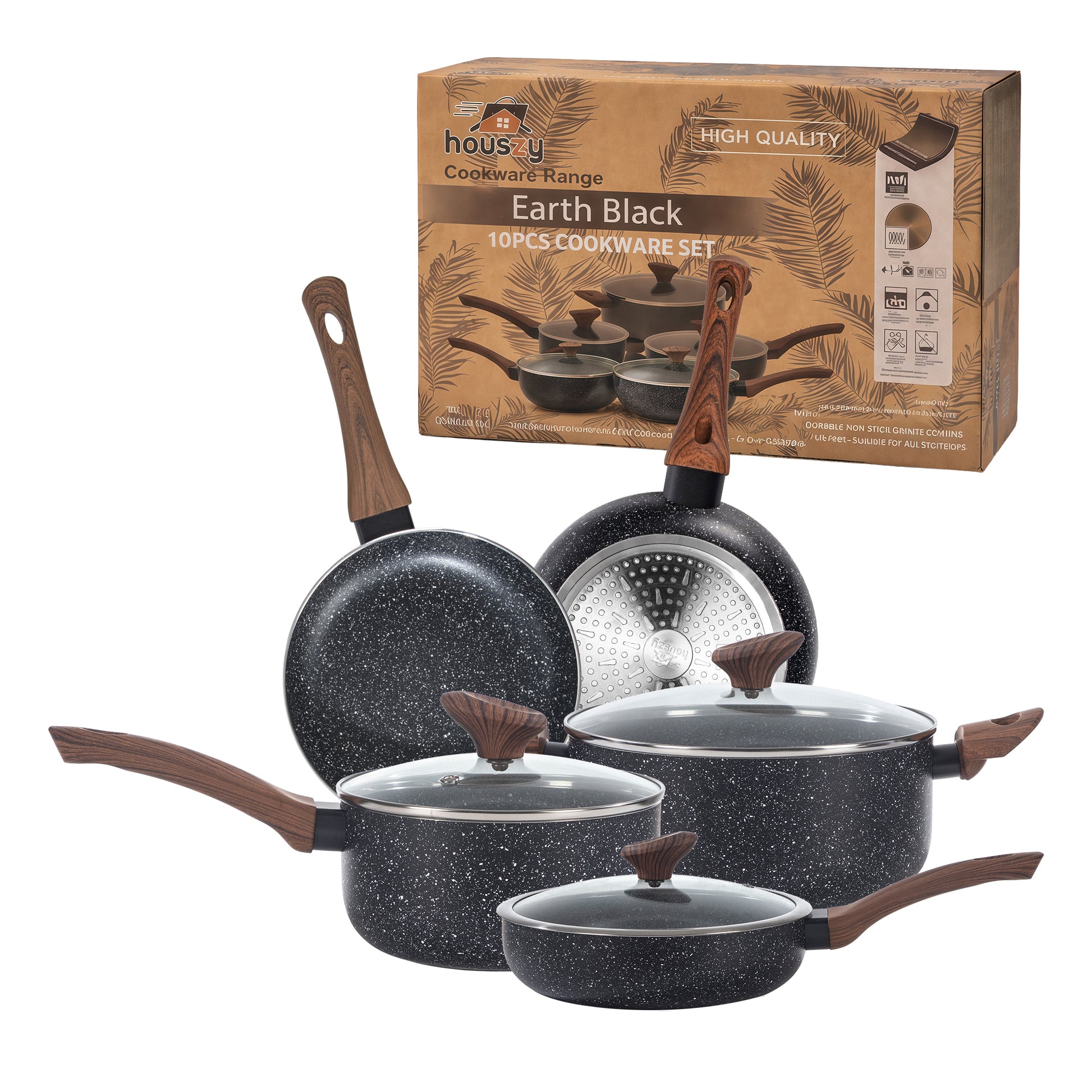10-Piece Cookware Set | Non-Stick Granite Pots & Pans with Lids – Houszy