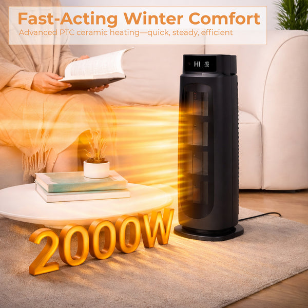 PTC Ceramic Tower Heater 2000W – ECO Mode, 90° Oscillation, 15–35°C Thermostat, 24h Timer, Remote, LED – (Black)