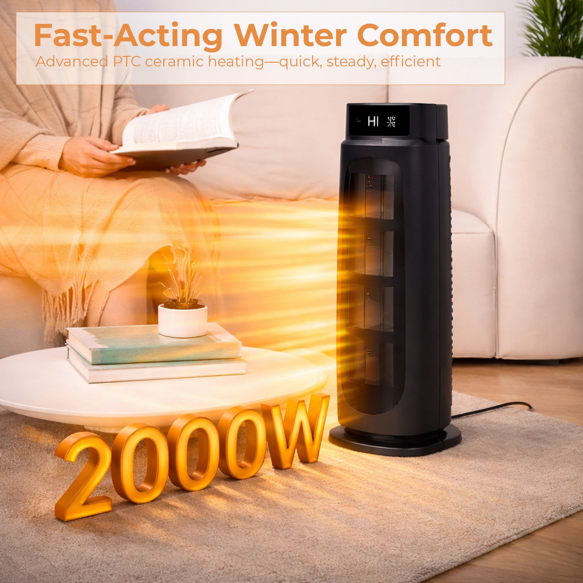 PTC Ceramic Tower Heater 2000W – ECO Mode, 90° Oscillation, 15–35°C Thermostat, 24h Timer, Remote, LED – (Black)