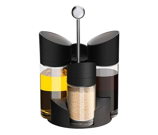 Glass Oil Dispenser Bottles & Condiment Shakers With Rotating Storage Rack-Combo Set