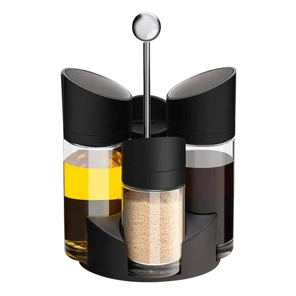 Glass Oil Dispenser Bottles & Condiment Shakers With Rotating Storage Rack-Combo Set