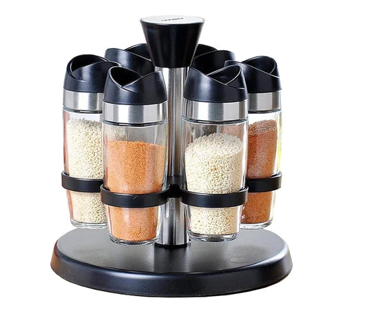 Rotating Spice rack with Seasoning Glass jars-Set of 7 (Salt & Pepper Shakers With  360-Degree Rotation Base)