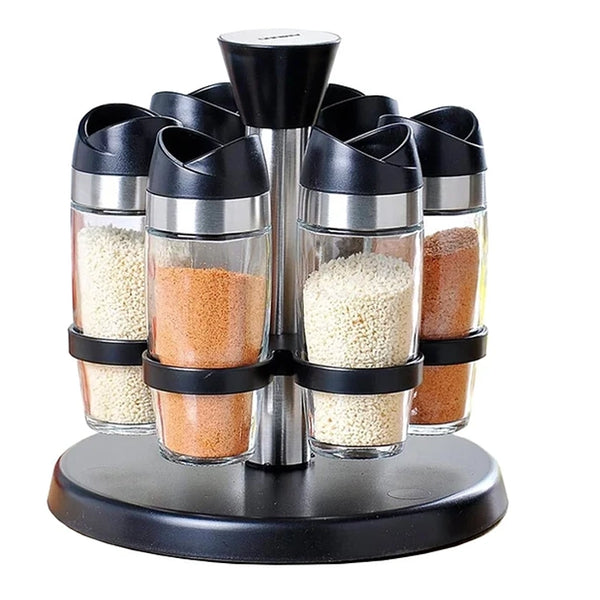 Rotating Spice rack with Seasoning Glass jars-Set of 7 (Salt & Pepper Shakers With  360-Degree Rotation Base)