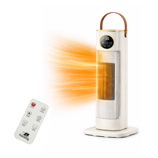Houszy 2000W PTC Ceramic Tower Heater (White/Gold) – Oscillation, Thermostat, Remote & 12H Timer
