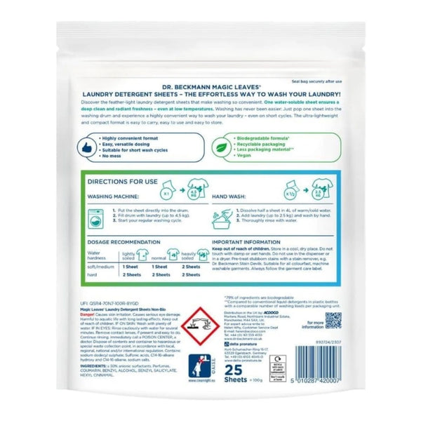 Dr Beckmann Magic Leaves Non-Bio Laundry Detergent Sheets - 25 Sheets