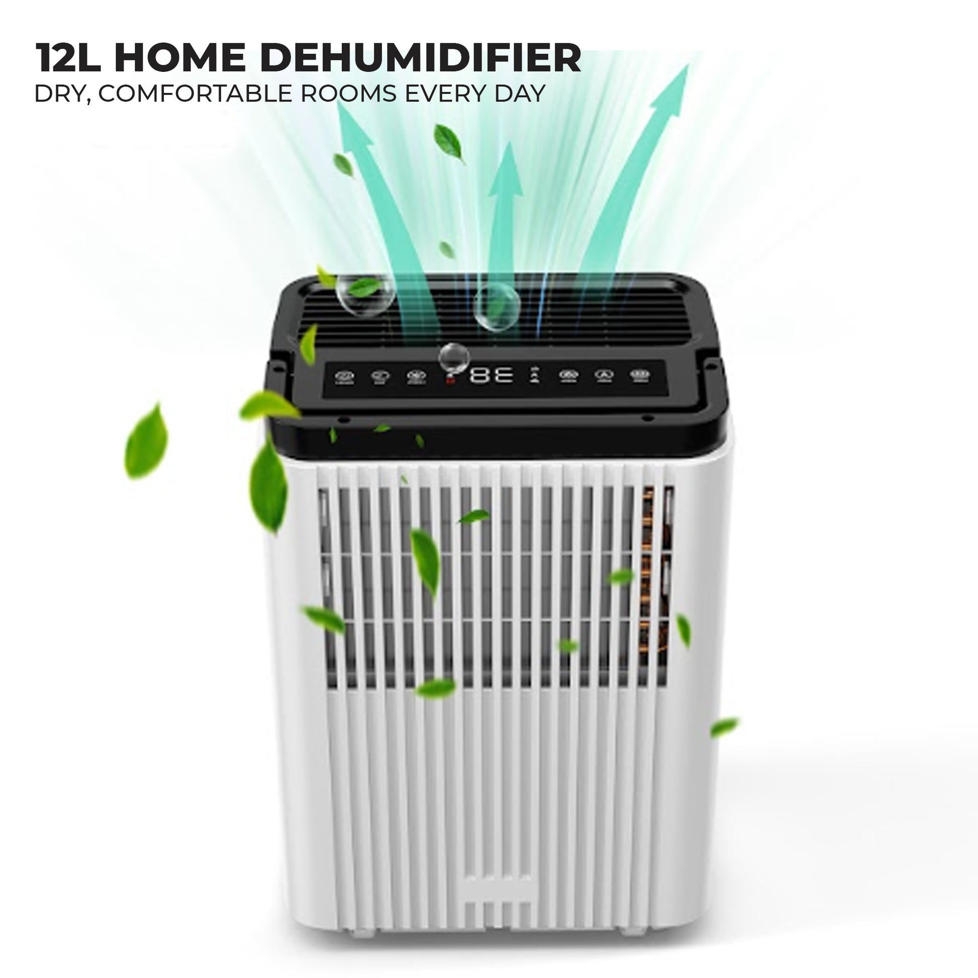 12L/Day Dehumidifier for Home Damp, 2.5L Tank, Digital Humidity Display, 1–24H Timer, R290 Compressor, Auto Defrost, Child Lock, Continuous Drainage, Carbon Filter, Handle & Casters