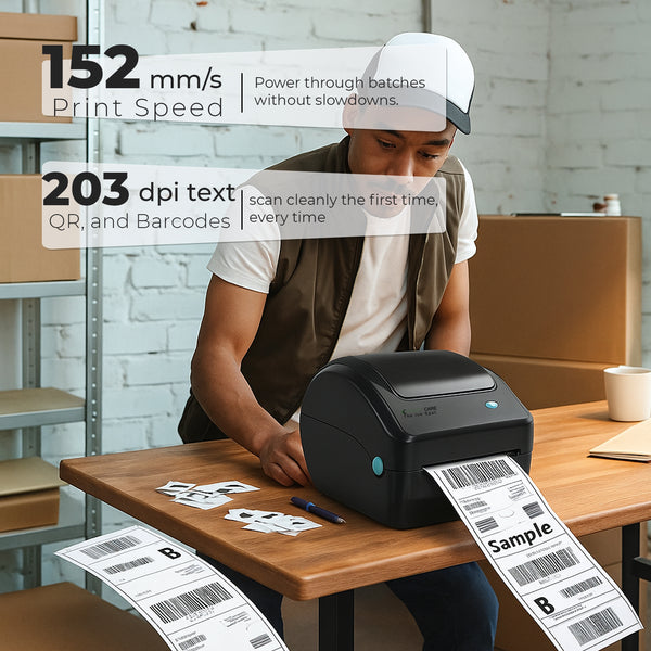 Direct Care Desktop USB & Bluetooth Barcode Printer, 203 dpi Direct Thermal, 152 mm/s, Max 108 mm Width, TSPL, Gap/Black‑Mark/Continuous, Windows/Mac/Linux/iOS/Android, 8MB RAM + 8MB Flash, CE