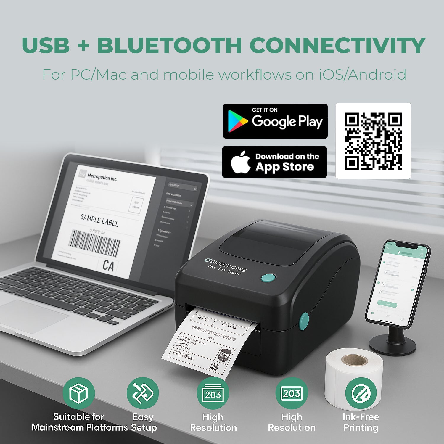 ICD-410 Desktop USB & Bluetooth Barcode Printer, 203 dpi Direct Thermal, 152 mm/s, Max 108 mm Print Width, TSPL