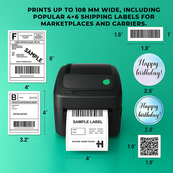 Direct Care Desktop USB & Bluetooth Barcode Printer, 203 dpi Direct Thermal, 152 mm/s, Max 108 mm Width, TSPL, Gap/Black‑Mark/Continuous, Windows/Mac/Linux/iOS/Android, 8MB RAM + 8MB Flash, CE