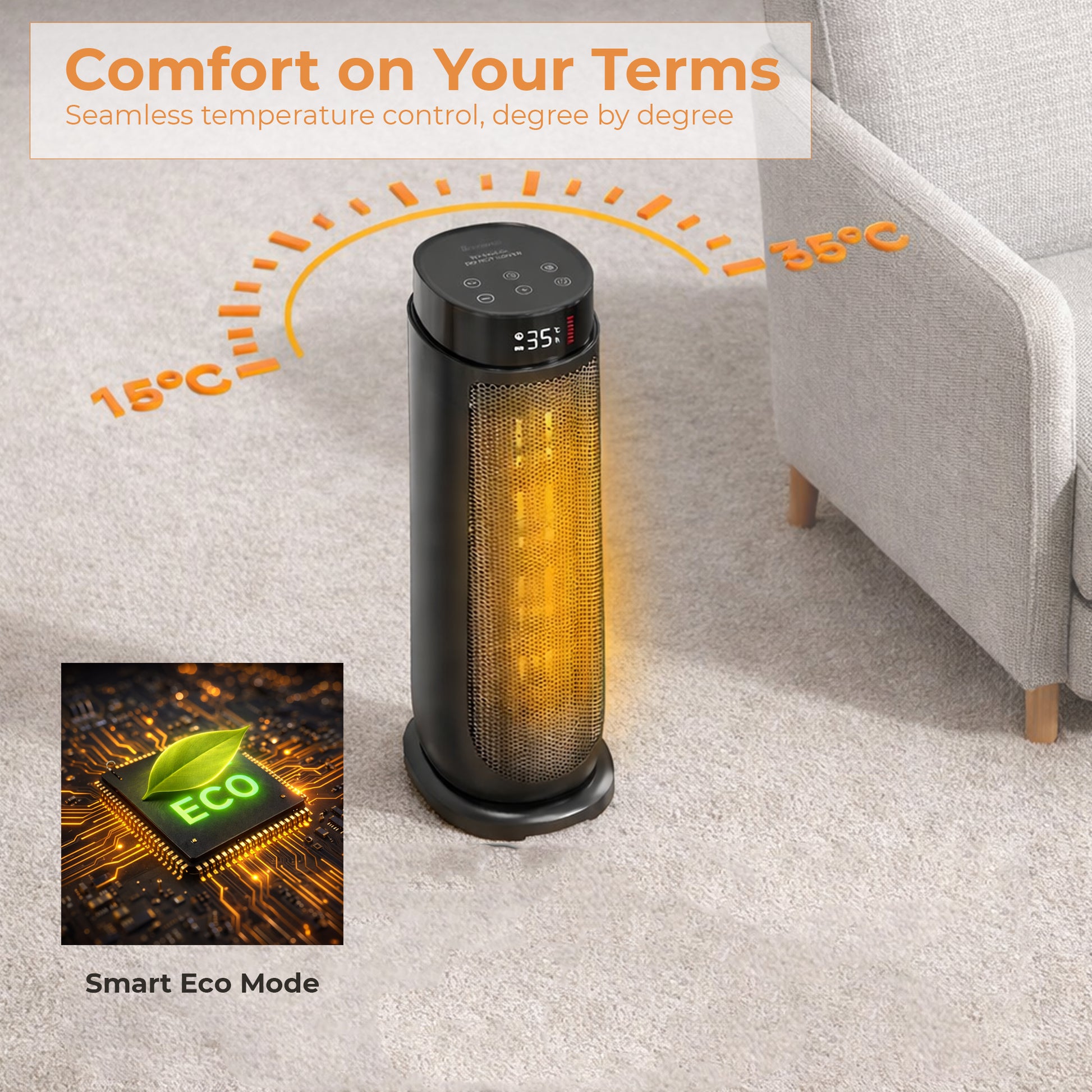 PTC Ceramic Tower Heater 2000W – ECO Mode, 90° Oscillation, 15–35°C Thermostat, 24h Timer, Remote, LED – (Black)