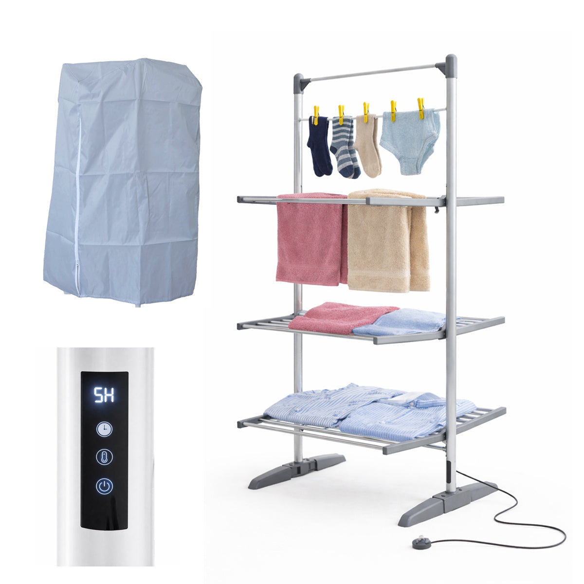3-Tier Electric Heated Clothes Airer with Cover & Peg Hooks, Touch Screen Timer Display, Foldable Indoor Laundry Dryer Rack (Timer Auto-Off)