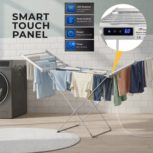 Heated Clothes Airer with Cover, Touch Screen LED Display, 30–60°C, 1–12h Timer, Foldable Indoor Dryer Rack, 20 Heated Bars, 230W