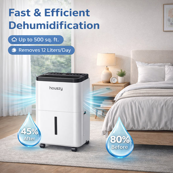 12L/Day Dehumidifier for Home Damp, 2.5L Tank, Digital Humidity Display, 1–24H Timer, R290 Compressor, Auto Defrost, Child Lock, Continuous Drainage, Carbon Filter, Handle & Casters