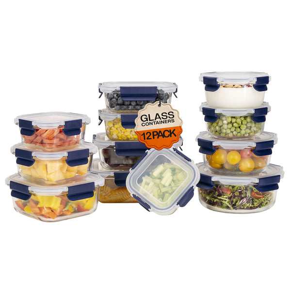 Glass Meal Prep Containers With Snap Lock Lids - 24pcs Set (Blue)-Houszy