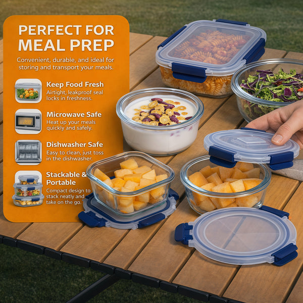Glass Meal Prep Containers With Snap Lock Lids - 24pcs Set (Blue)-Houszy