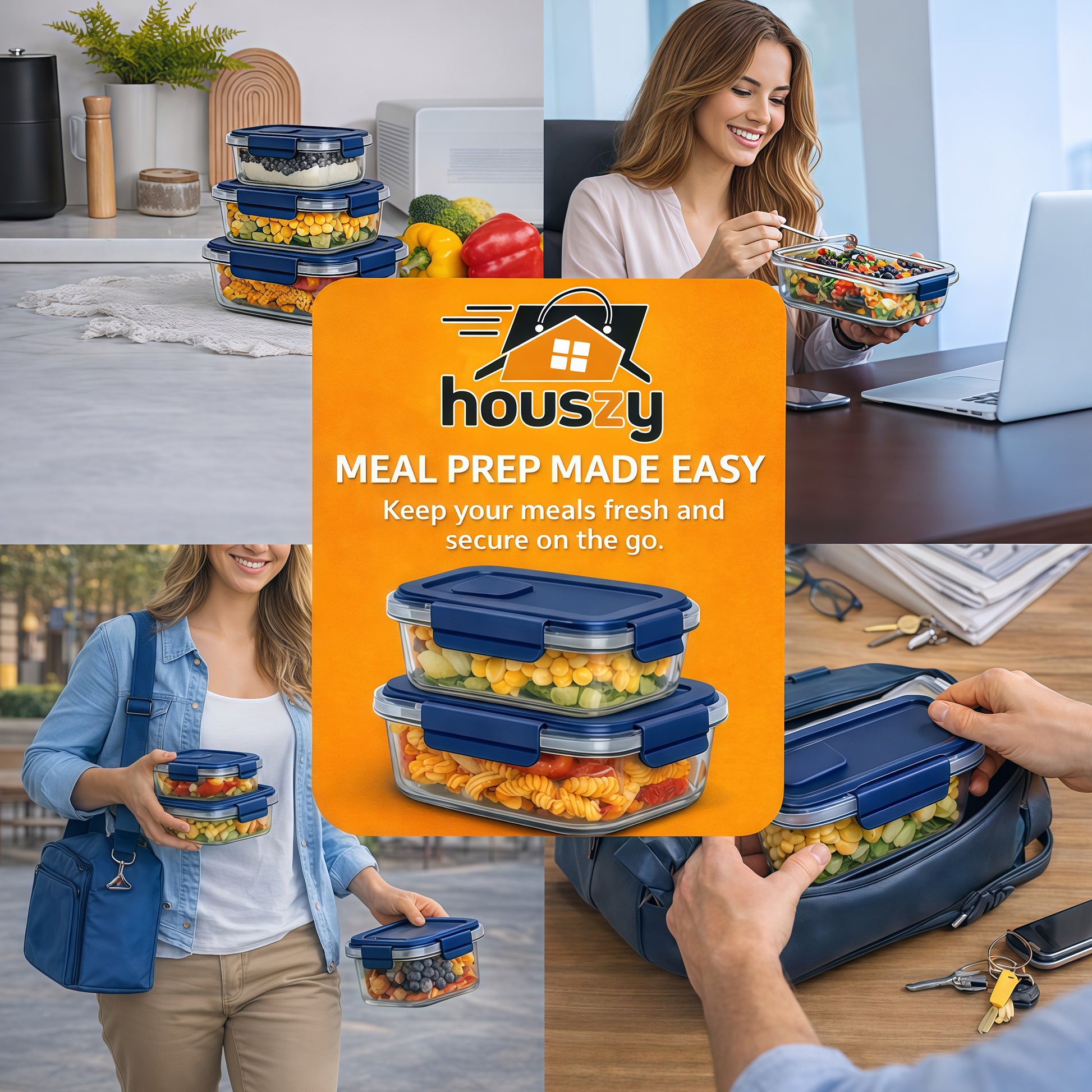 Glass Meal Prep Containers With Snap Lock Lids - 24pcs Set (Blue)-Houszy