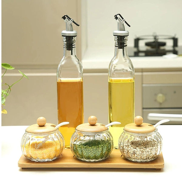 Glass Oil Dispenser Bottles - Borosilicate Glass, 2pcs with Spout, Lid-Free Set