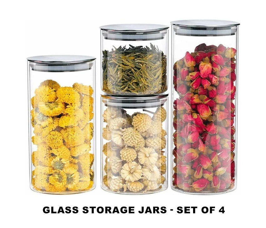 Glass Storage Jars with Stainless Steel Lids-Set of 4, Suitable for Candy & Spice