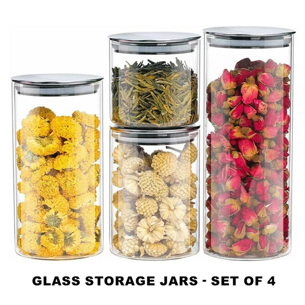 Glass Storage Jars with Stainless Steel Lids-Set of 4, Suitable for Candy & Spice