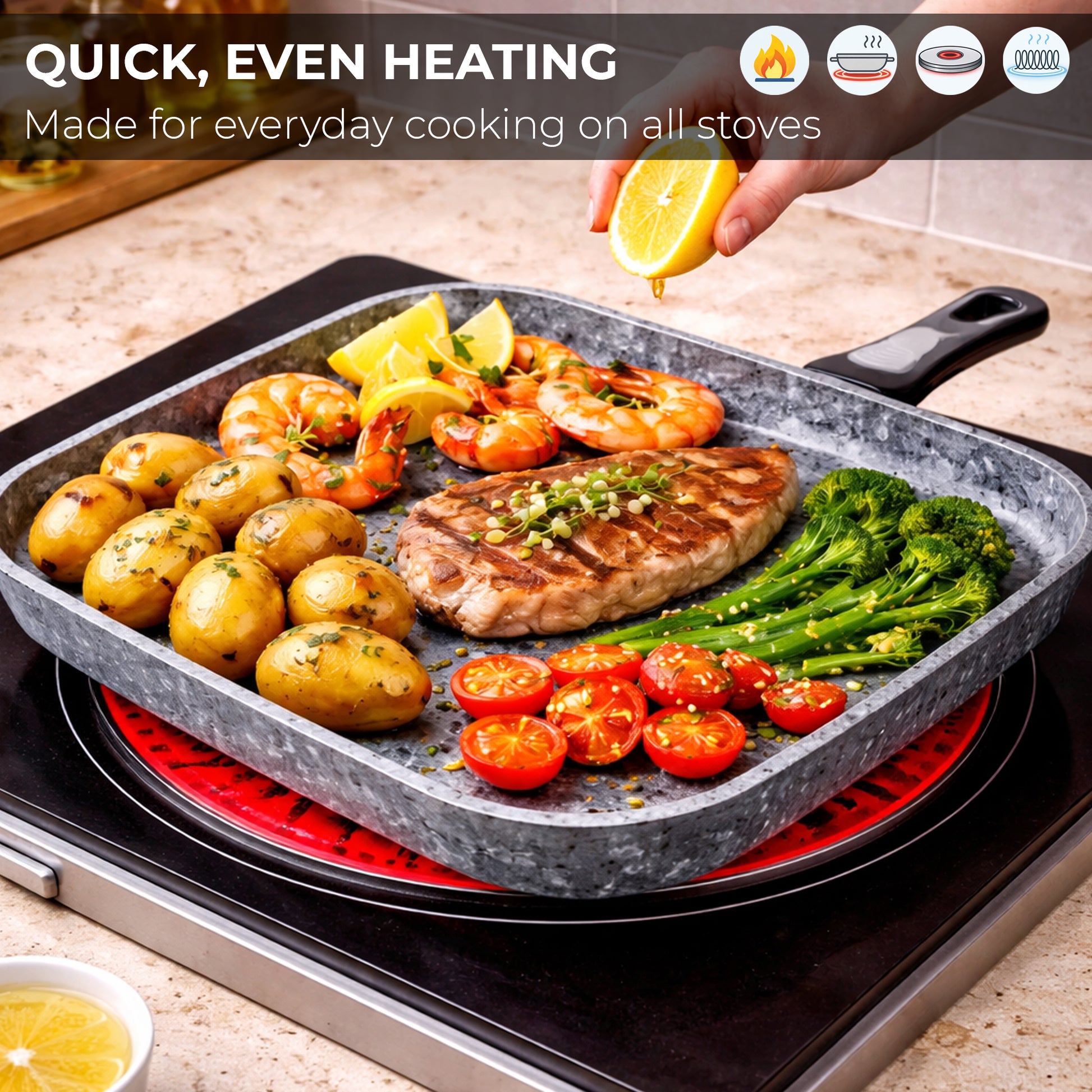 26cm Non-Stick Grill Pan | Removable Handle, Induction Safe, Granite Coated – Houszy
