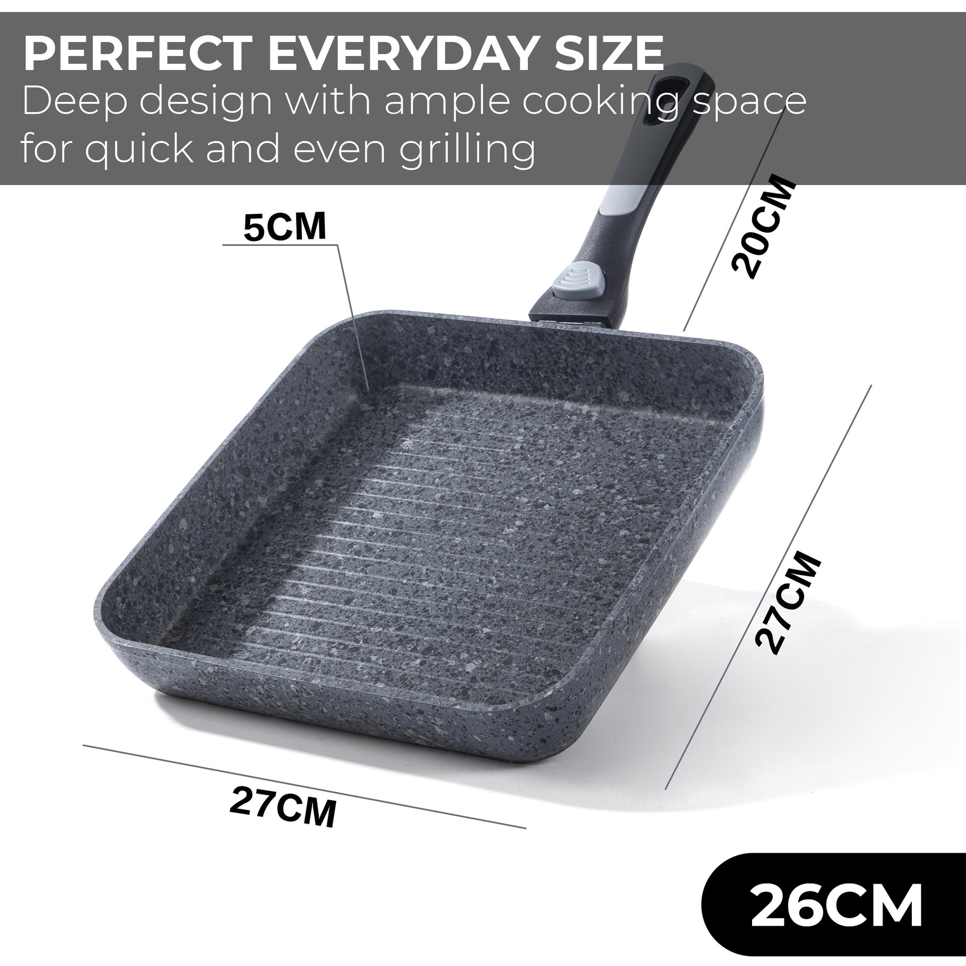 26cm Non-Stick Grill Pan | Removable Handle, Induction Safe, Granite Coated – Houszy