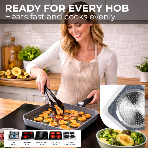 26cm Non-Stick Grill Pan | Removable Handle, Induction Safe, Granite Coated – Houszy