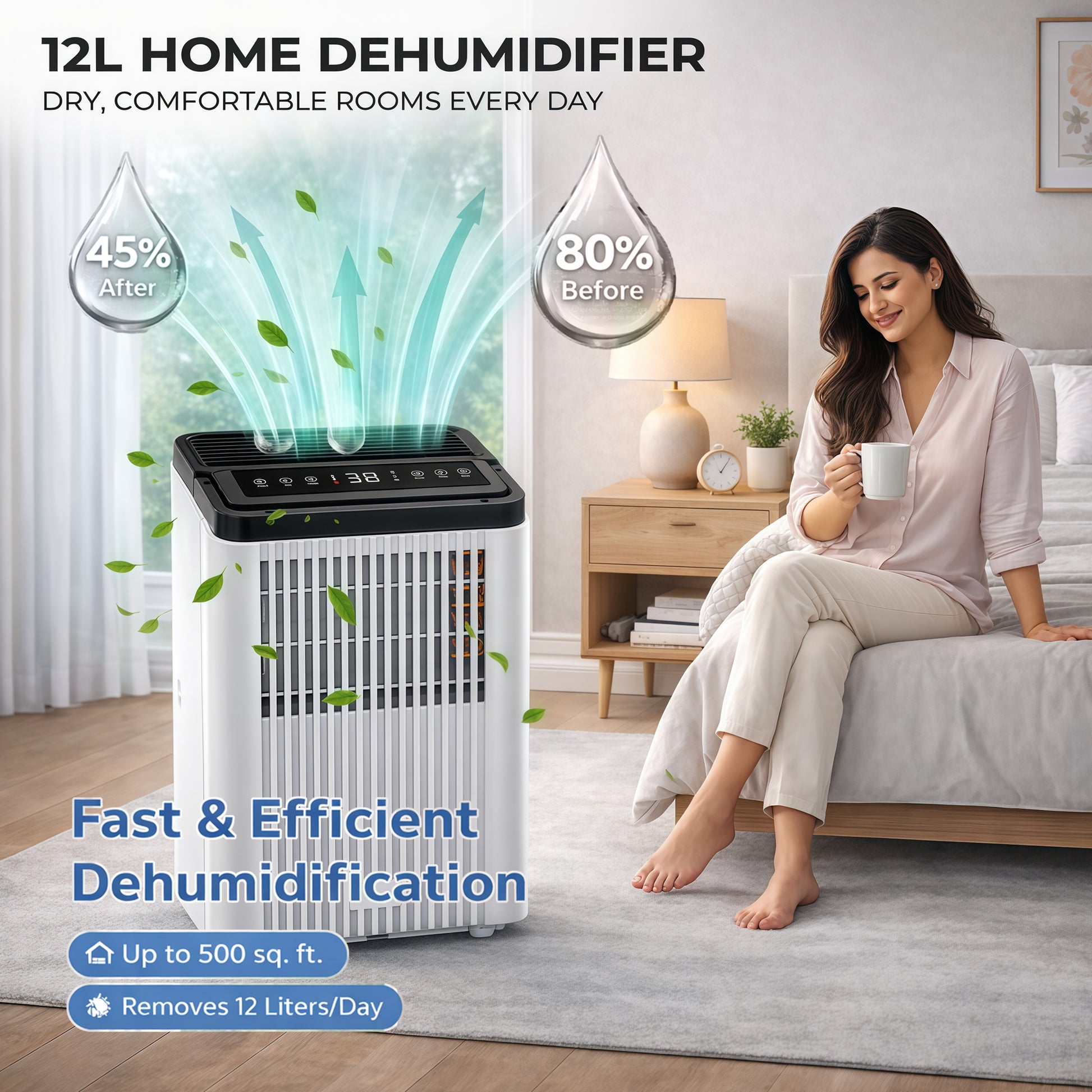 12L/Day Dehumidifier for Home Damp, 2.5L Tank, Digital Humidity Display, 1–24H Timer, R290 Compressor, Auto Defrost, Child Lock, Continuous Drainage, Filter, Handle & Casters
