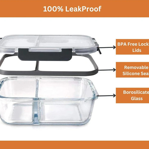 2-Compartment Glass Meal Prep Containers With Snap Lock Lids–Set Of 3-Houszy®