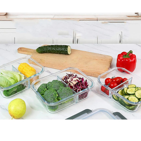 2-Compartment Glass Meal Prep Containers With Snap Lock Lids–Set Of 3-Houszy®